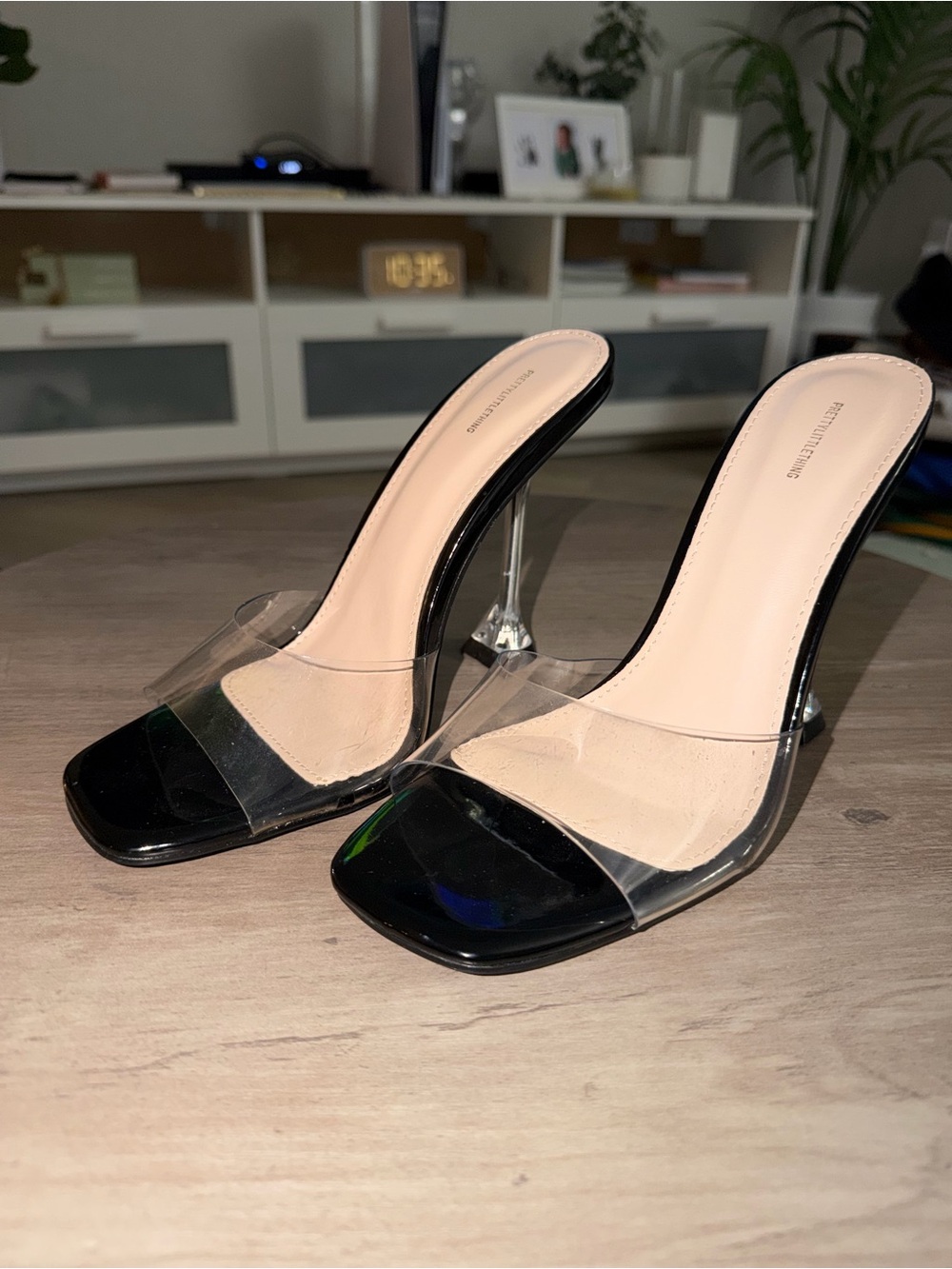 PrettyLittleThing Black Patent Square-Toe Clear Strap Heels
